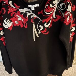 CHICO's Size 0 NEW Black Sweater with tags, never worn.  Red/White Sequins!